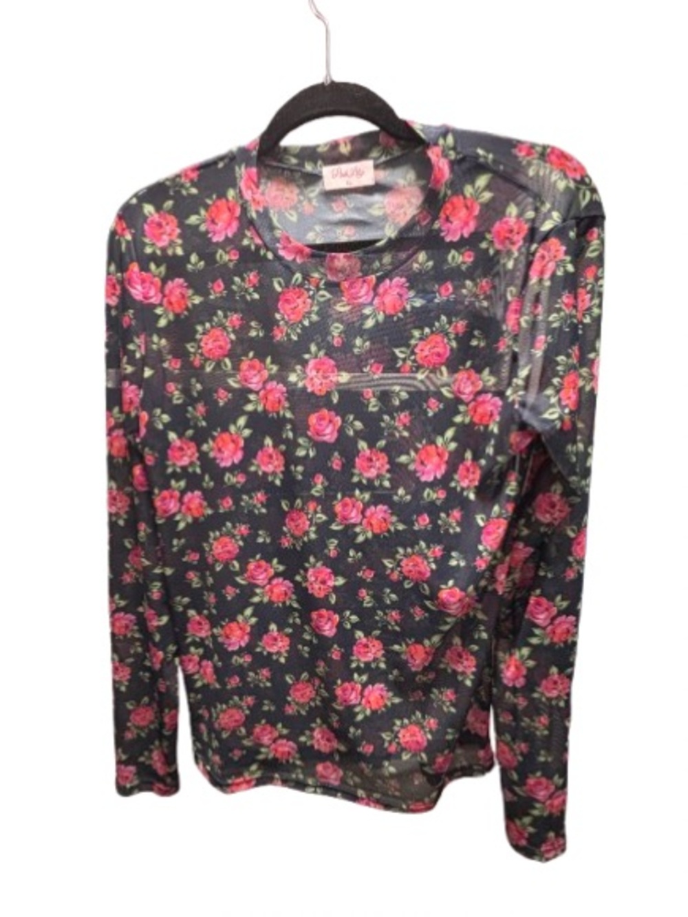 Pink Lily Black Floral Sheer top with Pink Roses